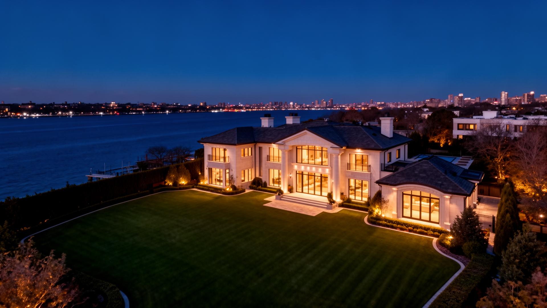 Luxury waterfront estate at twilight
